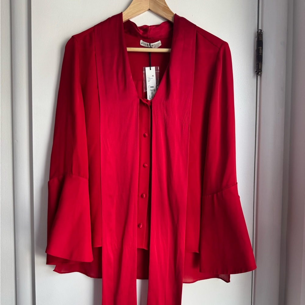 NWT Alice + Olivia 100% Silk Red Bell Sleeve Tie Neck Button Front Blouse Top